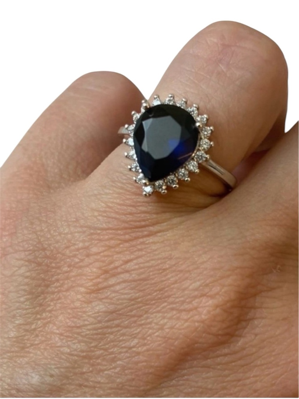Vintage Pear-Shaped Blue Halo Ring - Stainless Steel, Size 6.5